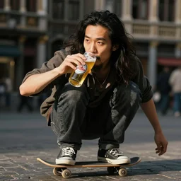 very long haired Asian man with some facial hair skating and drinking a Jupiler beer in Brussels