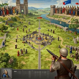 RTS gameplay third person in style of Brueghel, painting,   Stronghold strategy gameplay, high detailed, fantasy, medieval, buildings, castle, armored units, RPG, high contrast, octane render
