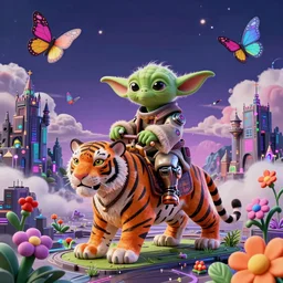 maximalist 3 d render of cyborg cybergoth yoda riding a tiger standing in cybernetic mountain landscape with castle ruins against a psychedelic surreal background with 3 d butterflies and 3 d flowers n the style of 1 9 9 0's cg graphics against the cloudy night sky, lsd dream emulator psx, 3 d rendered y 2 k aesthetic by ichiro tanida, 3 do magazine, wide shot