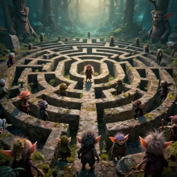 Labyrinth movie, the goblins are so high, trending on Artstation, 8K, ultra wide angle, pincushion lens effect