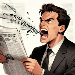 angry man spitting out a literal string of vulgarities out of his mouth, newspaper illustration, political article, distressed color
