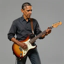 Barack Obama shredding on an electric guitar, painting by Frank Frazetta, 3D rendering by Beeple, crusty