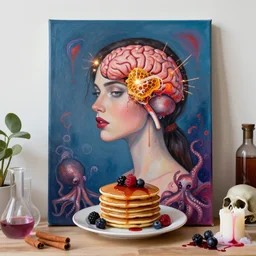 a women holding an electronic brain, sparks, honeycomb, organic, femme, a portrait in a female art student's apartment, pancakes, berries, octopus, surgical supplies, skull, scientific glassware, cinnamon sticks, art materials, candle dripping wax, berry juice drips, neo - expressionism, surrealism, acrylic and spray paint and oilstick on canvas