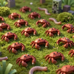 voidless of the festival!, The Graveyard!!, large group of crabs and worms, crawling along a bed of moss, low poly, creeper world, handcrafted, artstation, hyperrealistic, hard light, best practices, creeptastic, photorealism, macro perspective, cuddly