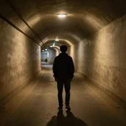 a person going through all his memories in a tunnel, dramatic angle