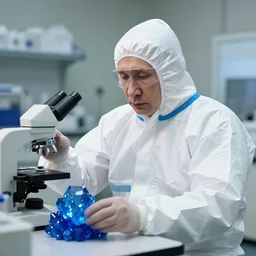 vladimir putin in hazmat suit in a lab with blue crystals