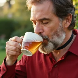 mr robert is drinking fresh tea in a garden from spiral mug, detailed face, wearing choker, grey beard, golden hour, red elegant shirt