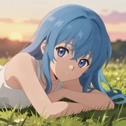 ! dream anime art, anime key visual of elegant young female rei ayanami, long blue hair and large eyes, finely detailed perfect face, laying down in the grass at sunset, golden hour sunset lighting, background blur bokeh!!, trending on pixiv fanbox, studio ghibli, extremely high quality artwork