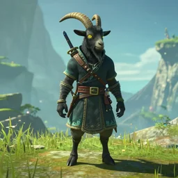 a humanoid black goat wizard in breath of the wild, screenshot