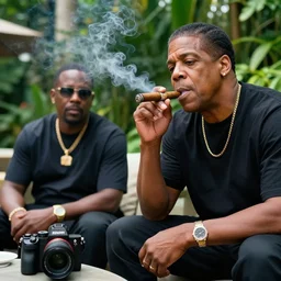 photo of Nasir bin Olu Dara Jones sitting next to JayZ in a lush singaporean garden smoking a cigar, cigar smoke, luxurious, smooth, sharp focus, shot with Sony alpha 1 camera