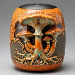 Harman Kardon Speaker inspired by Art nouveau , fungi, fractal roots, honey, glaze, orange with teal details, designed by Antoni Gaudí, Sigma 85mm f/8 1/1000 sec shutter, high detail, Sotheby\'s