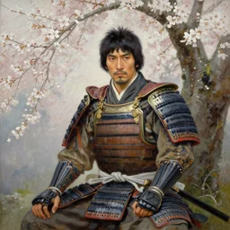 an oil painting of a male samurai wearing armor while sitting under a cherry tree with white blossom. detailed face, greg rutkowski, edward robert hughes, tony sart