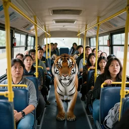 photo of a tiger inside a bus, scared passengers, wide angle, highly - detailed reaslistic