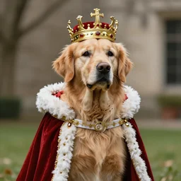 Photomanipulation of golden retriver is dressed as a king, ultrarealism, photorealism, detailed, crown and gown