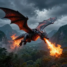 a powerful flying black fire Dragon spitting fire in the foreground, big Mountains and wide forrests with trees are in the Background, stormy weather at night ,cinematic Style, hyperrealistic