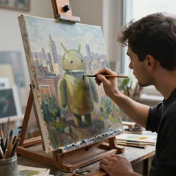 the android carefully painting an oil painting in their natural - lit studio overlooking the city. photorealistic. intricate details. 3 5 mm photograph. dramatic lighting. action shot. absolute focus. masterpiece.