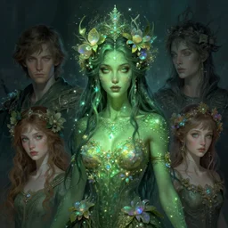 earth goddess with green skin ; by james jean, charlie bowater, tom bagshaw, nikolay makovsky, melanie delon : : enchanting, ethereal, magical, glowing, sparkle, iridescent, flowerpunk, portrait, character design, illustration, hyperrealism, photorealism, digital art, concept art, dark fantasy, whimsy, weta, wlop, artstation