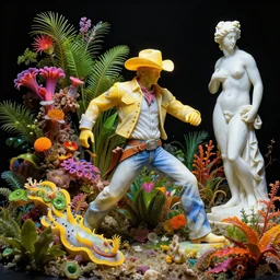 a cowboy turning into blooms in real life. volumetric lighting, beautiful, sharp focus, ultra detailed. bold vibrant complementary colors. a cowboy with plants by frank frazetta, kai carpenter, syd mead, slim aarons, zhang kechun, lynda benglis. tropical sea slugs. 4 k, 3 5 mm, fujifilm, sculpture by antonio canova. colorful yellow white jade