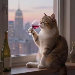 anthropomorphic cat drinking a glass of wine sitting by the window and looking on the city skyline, romantic mood, highly detailed, digital art in bastien lecouffe deharme style