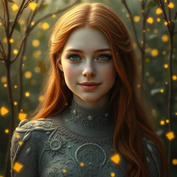 young woman, serene smile, surrounded by golden firefly lights, amidst nature fully covered by a intricate detailed dress, long red hair, precise linework, accurate green eyes, small nose with freckles, smooth oval shape face, empathic, expressive emotions, spiritual scene, hyper realistic ultrafine art by artemisia gentileschi, jessica rossier, boris vallejo