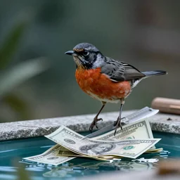 Turdus rufiventris with a knife flying over a pool of money. cyberpunk