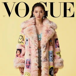 coat for a rave With fur, hairstyle, earrings, bright soft colors, soft yellow background, many details, prints, photo for a magazine, photo for a store, fashion photography, Vogue, 135 mm, cinematic, hyper realism, high detail, octane render, 8k, chrome accents, very coherent symmetrical artwork, perfect face model, Soft light, Reduced contrast