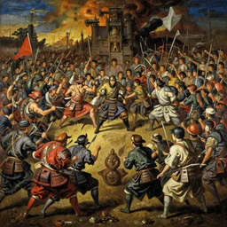 baroque oil painting of key visual large scale samurai battle, akira kurosawa, brutalist fantasy, rule of thirds golden ratio, fake detail, trending pixiv fanbox, acrylic palette knife, style of makoto shinkai ghibli takashi takeuchi yoshiyuki sadamoto jamie wyeth james gilleard greg rutkowski chiho aoshima