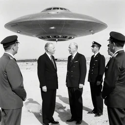 president eisenhower aboarding a ufo in the desert as high ranked government officials are watching, black and white old photo