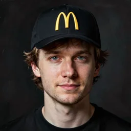 portrait of vitalik buterin, with mcdonalds cap, by dave mckean