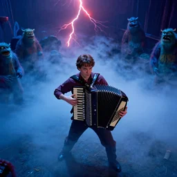 dwight schrute playing the accordion aggressively, dramatic scene, heavy blue fog, single red lightning strike, ultra wide angle, movie still, photorealistic, stranger things, netflix, upside - down, colorful lighting, grainy, aerial shot, shot from above, movie still, monsters in background holding back
