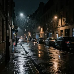 a city street at night, raining,