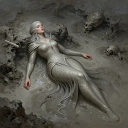 a full body portrait of a beautiful post apocalyptic offworld nordic necromancer reposed by the bubbling mud pits, intricate, elegant, highly detailed, digital painting, artstation, concept art, smooth, sharp focus, illustration, art by krenz cushart and artem demura and alphonse mucha
