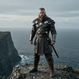 a viking wearing a heavy metal and also make the face look good the viking is standing on a cliff the background is a huge sea interact with the lighting photo - realistic 4 k