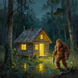 A painting of a luminous old cabin in the swamp lands, a freindly bigfoot with a fish, by Gediminas Pranckevicius, cinematic lighting