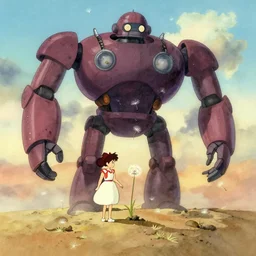 a wholesome animation key shot of mononoke planting giant robots alone in the desert by herself, studio ghibli, pixar and disney animation, sharp, disney concept art watercolor illustration by mandy jurgens and alphonse mucha and alena aenami, pastel color palette, dandelion seeds float, bloom, dramatic lighting