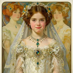 realistic detailed painting of a 1 6 - year old girl who resembles millie bobby brown and natalie portman with a shy, blushing, coy expression wearing intricate, detailed, art nouveau bridal dress and jewelry by alphonse mucha, ayami kojima amano, charlie bowater, karol bak, greg hildebrandt