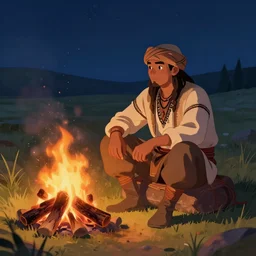 Nomadic trader, sitting by a campfire, night, digital art, 4k, trending on artstation