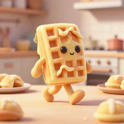 walking waffles with cute eyes making breakfast in a kitchen made of dough stylized cartoon disney pixar style hd render