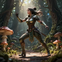 female earth mage, high quality character design, action pose : : spotlight, magical, biopunk, forestpunk, forest, mushrooms, high detail, 8 k, oled, shadows, reflections, digital art, official art, octane render, dynamic camera angle, unreal engine