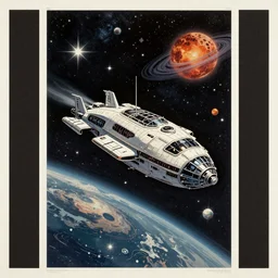 a spaceship flying through a solar system, stars, galaxy, poster, 1950s art deco, retrofuturism, edward hopper