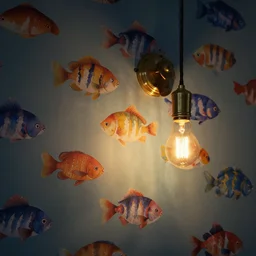 colorful blowfish art wallpaper on wall, closeup design house mason pedant lamp with edison lightbulb hanging from wall with blowfish wall paper background, low light setting, dim lighting,