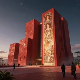 exterior shot of utopian architecture red building with cinematic lighting by zaha hadid and renzo piano, darek zabrocki and greg ruthkowski, alphonse mucha, simon stalenhag, cinematic, stars, beautiful, holy place, paradise, scifi, futurism, atmospheric, concept art, artstation, trending on artstation