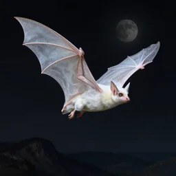 hyper realistic white bat, flying against a dark black night sky, mountain in the background, moonlight, denoised, very detailed, painted by james gurney, alphonso mucha, norman rockwell, tom bagshaw