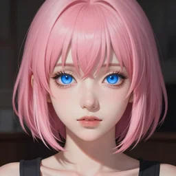 a portrait of a girl, anime drawing style, semirealistic, blue puppils, pink short hair, symetrical face , by ross draws