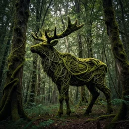 in a dark forest with trees covered in moss, hundreds of vines entwine to take shape of an elk