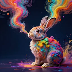 psychedelic concept art of a rabbit breathing in flowing ink, splatters of multicolored paint and colors flowing beautifully, digital art masterpiece, surreal art