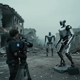 vfx film, behind the scenes, on location, set design, m, making of, big film production, futuristic tesla humanoid robots, dilapidated war torn city, flat color profile low - key lighting award winning photography arri alexa cinematography, hyper real photorealistic cinematic, atmospheric cool colorgrade
