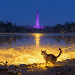 lake filed with molten gold, volume lighting, cat on for ground and purple tower on back ground, blue sky, night time concept art, by greg rutkowski