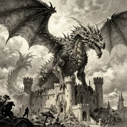 intricate fantasy comic book drawing of a giant dragon over a castleby dariusz zawadski and alan lee and gris grimly, cinematic, epic
