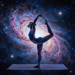 abstract Lemur in inspiring yoga pose in cosmic space with nebula and stars, breathtaking digital art, award winning